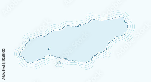 Stylized light blue map outline of an island surrounded by concentric wavy and dotted lines representing water, on a pale background.