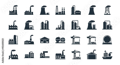 Collection of industrial factory silhouettes representing manufacturing and production facilities.