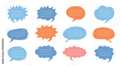 Collection of twelve colorful speech bubbles in various shapes with a grunge texture, providing blank templates for text and dialogue.