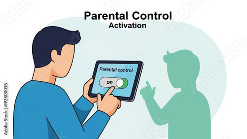 Parental control activation concept. A parent turns on internet safety settings on a tablet for a child. Flat vector illustration