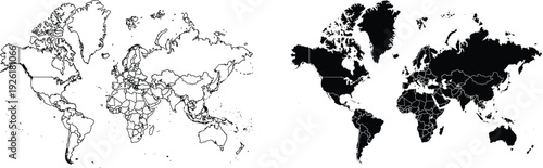 World map with country borders and filled continents