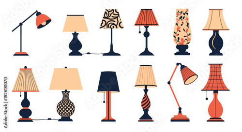 Diverse collection of twelve stylish table lamps and desk lamps in various designs, from modern to classic, for home interior decor.