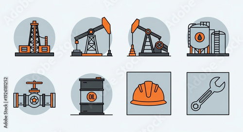 Oil and gas industry icons set, representing various aspects of the sector.