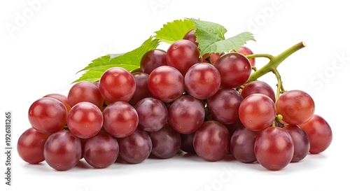 Bunch of red grapes with green leaves on a white background