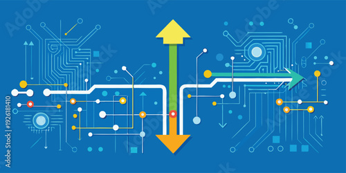 Digital data flow and processing concept with circuit board elements and directional arrows on blue background