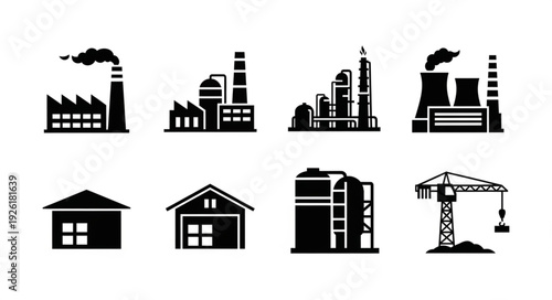 Industrial and construction icons representing factories, buildings, and a crane in a black and white design.