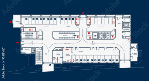 Detailed architectural blueprint showcasing the layout of a modern building with various rooms and corridors.
