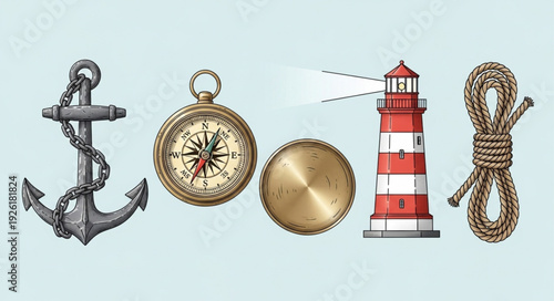 Nautical themed objects including anchor, compass, lighthouse, and rope, all related to sailing and navigation.