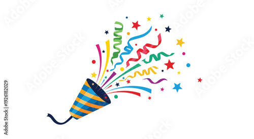 Festive party popper exploding with a burst of colorful confetti, streamers, and stars, perfect for celebrating any happy occasion.