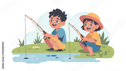A colorful illustration of two children fishing by a serene pond on transparent background