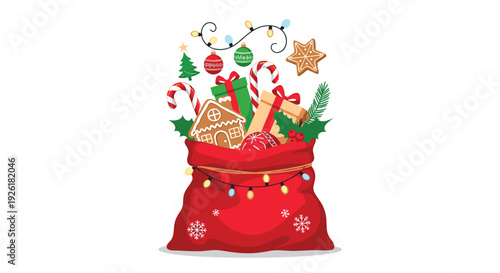 Santa's big red sack overflowing with Christmas gifts, gingerbread cookies, candy canes, and festive decorations on a white background.