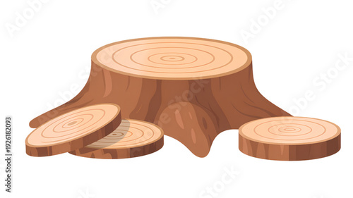 A vector graphic illustration of a tree stump with cut slices on transparent background