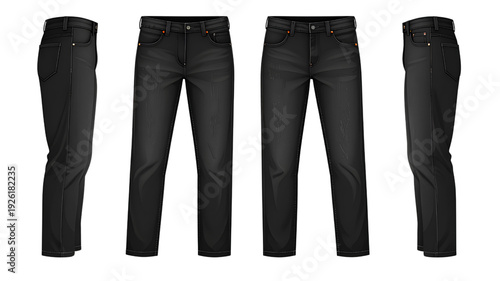 A set of four black jeans on transparent background