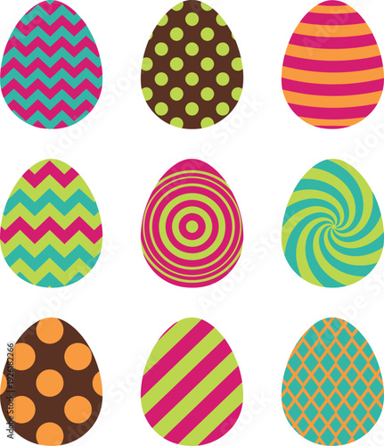 Colorful easter eggs with varied patterns arranged in a grid layout
