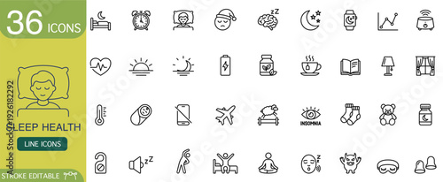 Sleep health icon line outline insomnia bedtime pillow alarm moon set of editable stroke vector symbols for wellness app, web interface, and infographic, showing rest, dream, medicine