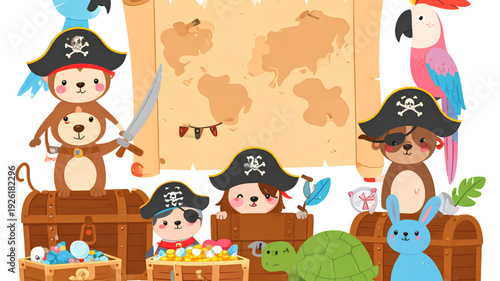 A colorful illustration of cartoon animals dressed as pirates with treasure chests on transparent background