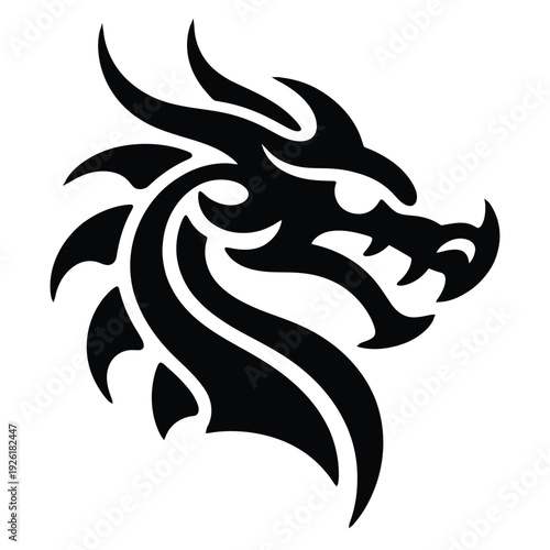 Black and white tribal wolf head tattoo design in bold vector style