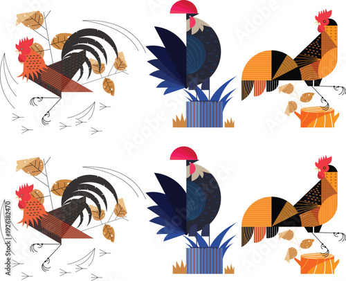 Geometric stylized rooster collection in flat mid-century modern deint