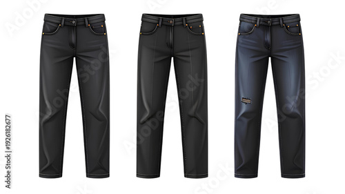 A set of three black jeans on transparent background