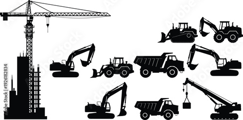 Construction Site Equipment Silhouette Set, Tower Crane Building Vector, Excavator Dump Truck Crawler Collection, Heavy Machinery Industrial Infrastructure Development Illustration Pack (20 words)