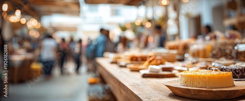 Wallpaper Mural Artisan Cheese Display at a Bustling Farmers Market with Shoppers in Background. Torontodigital.ca