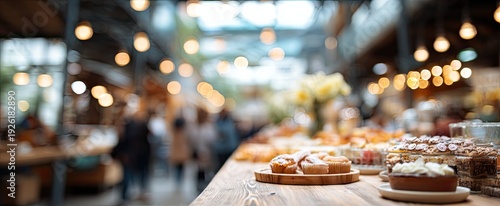 Wallpaper Mural Delicious pastries and cakes displayed on a wooden counter in a cozy cafe with warm lighting. Torontodigital.ca