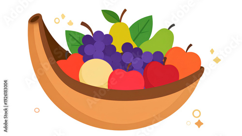 A vibrant illustration of a fruit bowl filled with colorful apples, grapes, and pears on transparent background