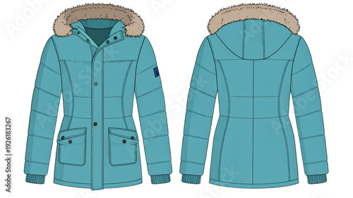 A teal winter coat with fur-lined hood on transparent background