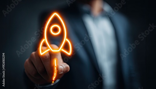 Wallpaper Mural Businessperson Touching Glowing Rocket Icon Symbolizing Startup Launch. Torontodigital.ca