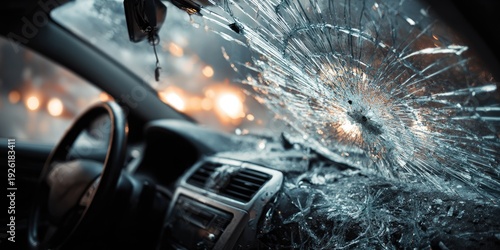 Wallpaper Mural View from inside a car with a shattered windshield after an accident at night. Torontodigital.ca