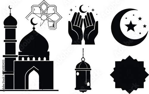 Ramadan icon set. Includes mosque, hands praying, crescent moon, lantern, star, and mandala. Created in black silhouette style with white outline.