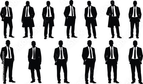 Businessman silhouette collection, professional men in suit and tie standing isolated on white background corporate leadership and executive concept