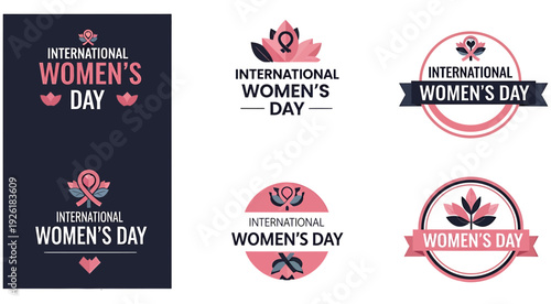 International women's day logos collection on dark and white backgrounds with a floral, ribbon, and women's rights symbol