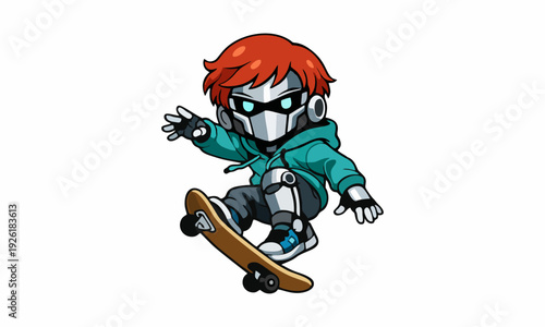 Robot boy skating in mid-air cartoon illustration