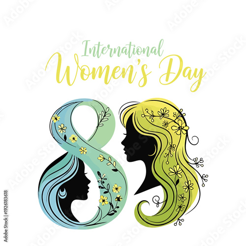 International women's day number eight featuring two women's silhouettes with floral hair and a white background