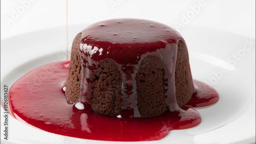 a single, rich, dark brown, gooey chocolate lava cake with a glossy red raspberry sauce drizzling down its side, set on a plain white plate against a white background