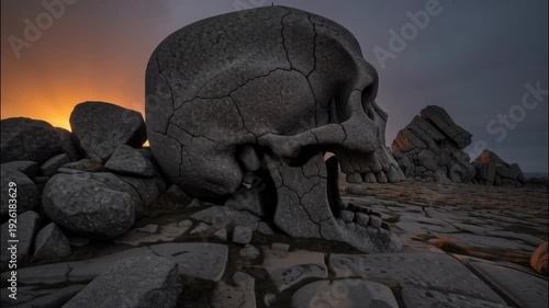 a large, weathered stone skull with jagged edges, resembling a human skull, set against a rocky landscape at sunset