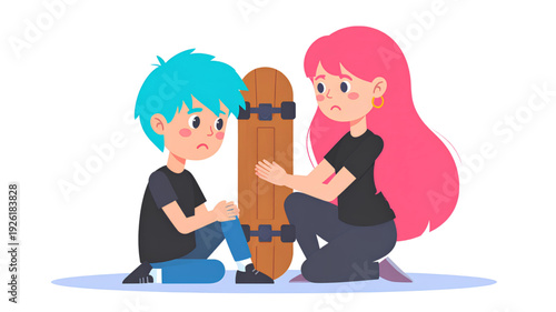 A cartoon illustration of a sad boy and girl sitting with a skateboard on a transparent background