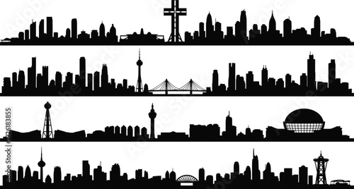 City skyline silhouettes collection, modern urban panoramas with skyscrapers towers bridges and landmarks isolated on white background architecture travel concept