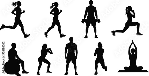 Fitness workout silhouettes set, men and women running lifting weights squatting and practicing yoga isolated on white background healthy lifestyle concept