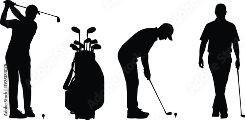 Golf player silhouette set, man swinging club putting ball with golf bag isolated on white background professional sport activity concept
