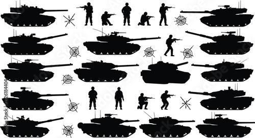 Military tank and soldier silhouettes set, armored vehicle collection with infantry soldiers, army warfare icons isolated on white background for tactical design