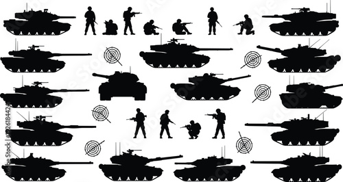 Military tank and soldier silhouettes collection, armored vehicles infantry aiming rifles and target symbols isolated on white background warfare concept