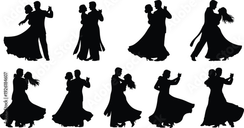 Romantic ballroom dancing couple silhouettes, elegant man and woman waltz tango isolated on white background love wedding and passion concept