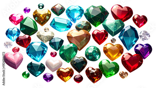 A colorful collection of heart-shaped jewels and gemstones on transparent background