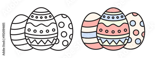 Set of decorated Easter egg icons. Vector linear outline and colorful fill versions. Editable stroke, festive patterns, and spring holiday symbols.