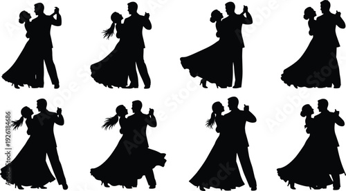 Romantic couple dancing silhouette set, elegant man and woman ballroom dance isolated on white background wedding love and passion concept