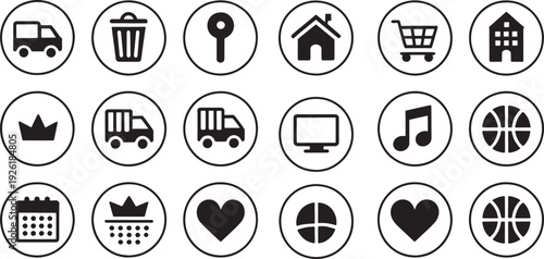 Various round symbols transportation shopping sports