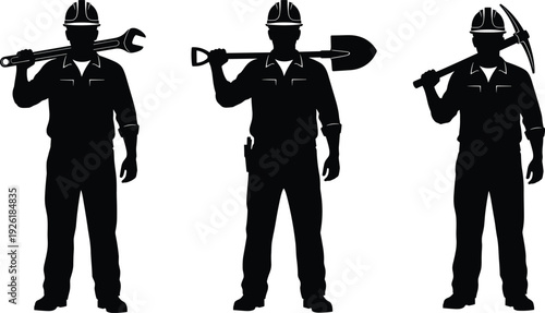 Construction Worker Silhouette Set, Industrial Laborer Vector Collection, Professional Contractor with Shovel Wrench Pickaxe, Building Site Maintenance Service Illustration Pack (20 words)