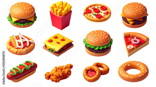 A colorful vector graphic illustration of various fast food items on transparent background